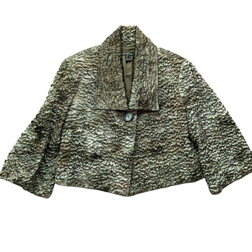 Cartise Cropped Textured Floral Buttoned Swing Jacket Sage Green Black Size 6